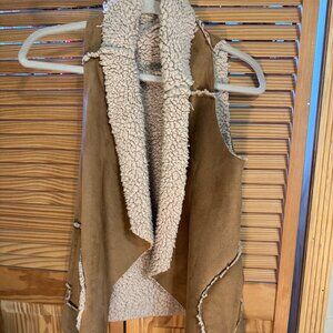 Brown Faux Suede Sherpa Lined Draped Vest Waterfall Open Front